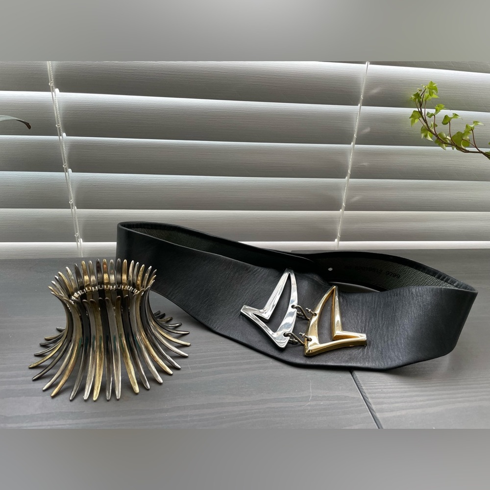 Soft Leather Vintage Belt and Bracelet. Black with Gold and Silver metal.